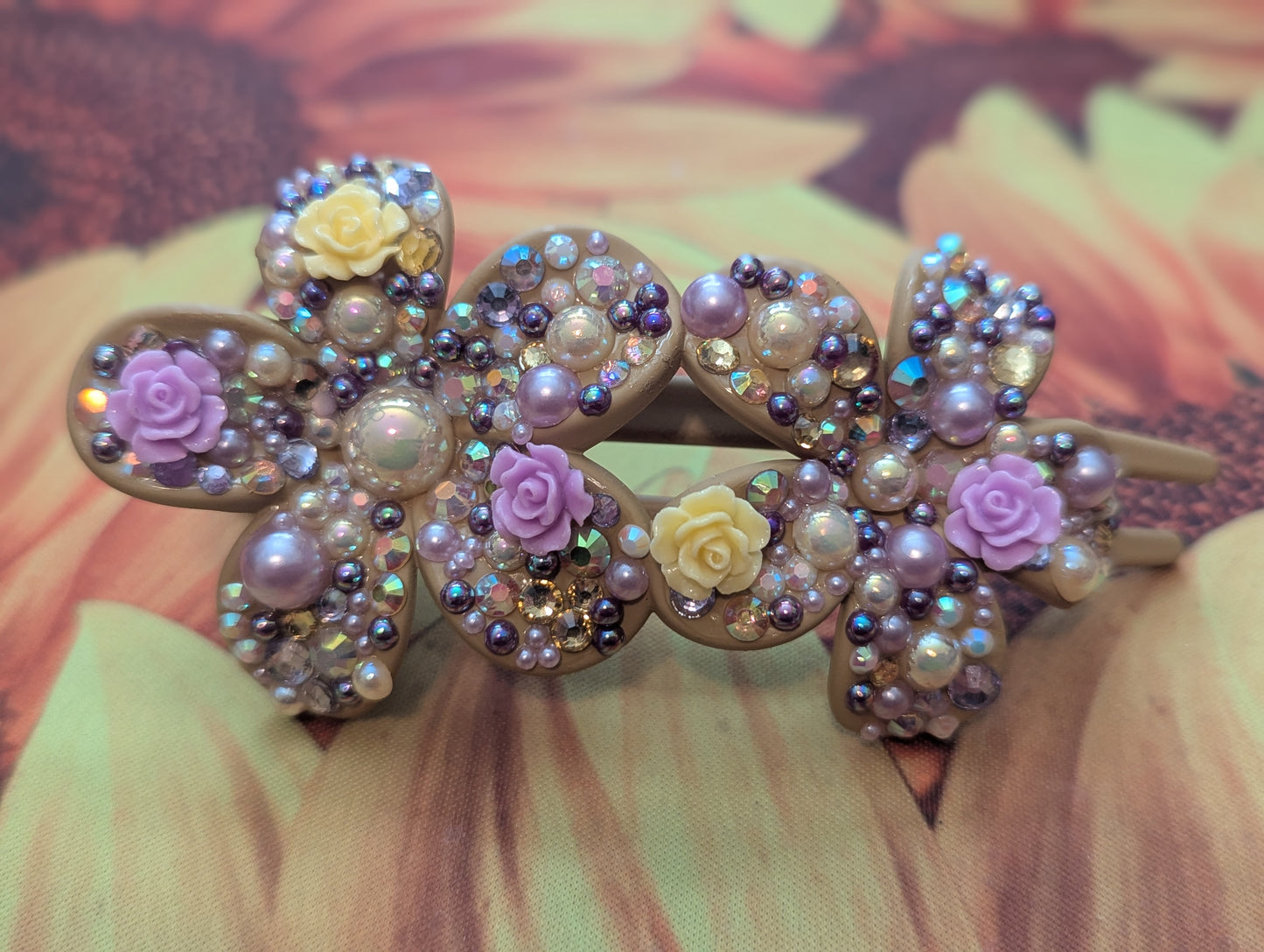 Rhinestone Hair Clip - Beige &Purple
