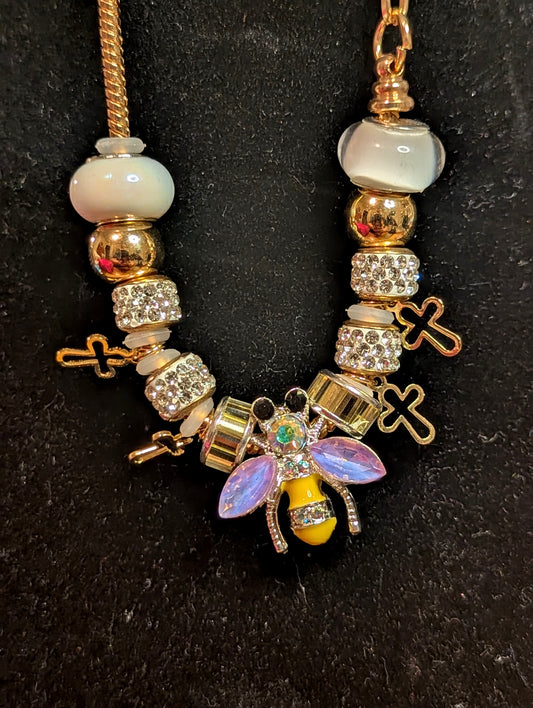 Charm Bracelet - Gold Cross and Bee