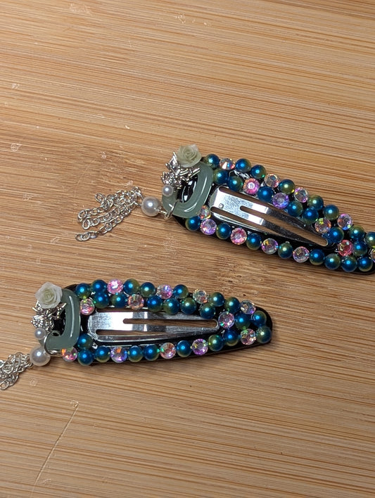 Hair Clips - Green & Blue w/dangle