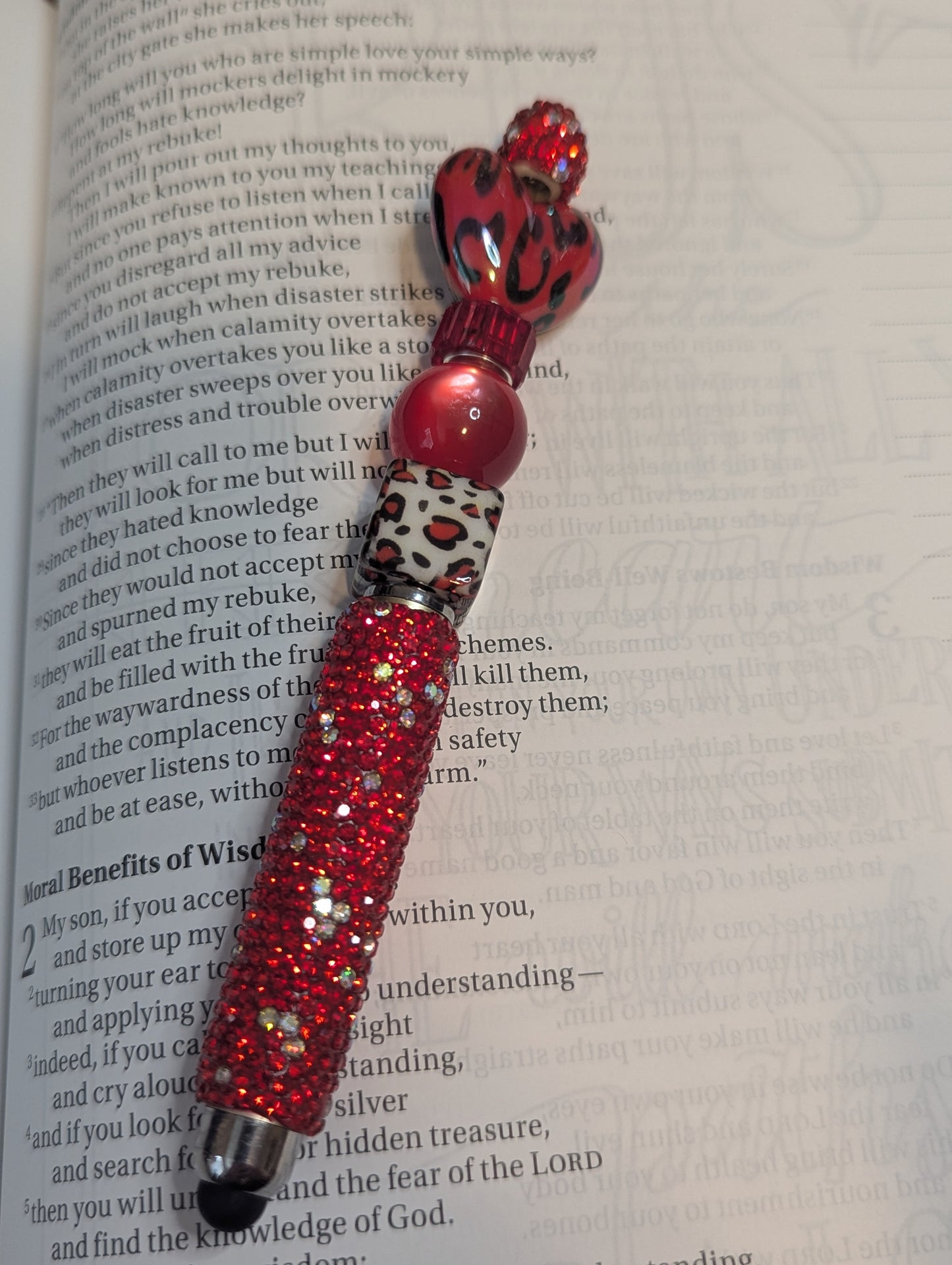 Rhinestone Pen - Leopard Heart Red